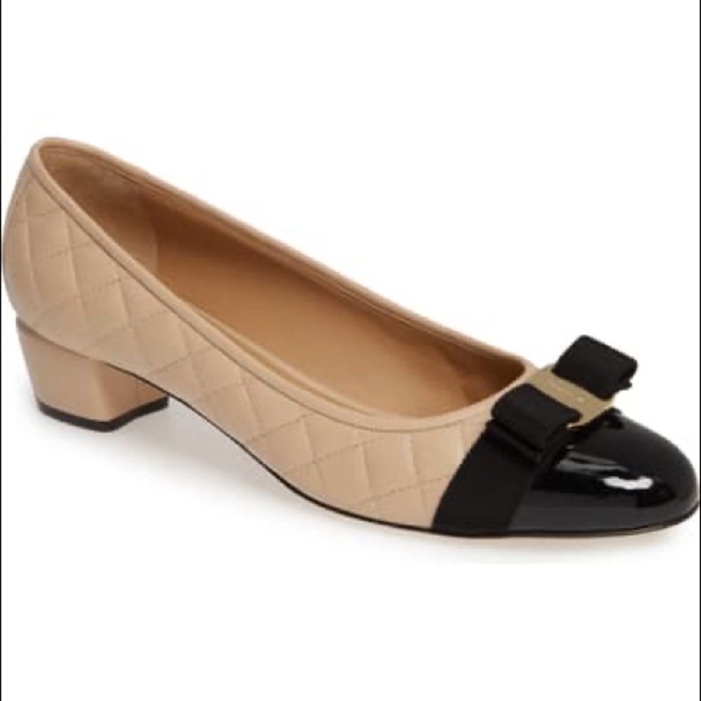 Ferragamo Vara patent and quilted-leather pumps